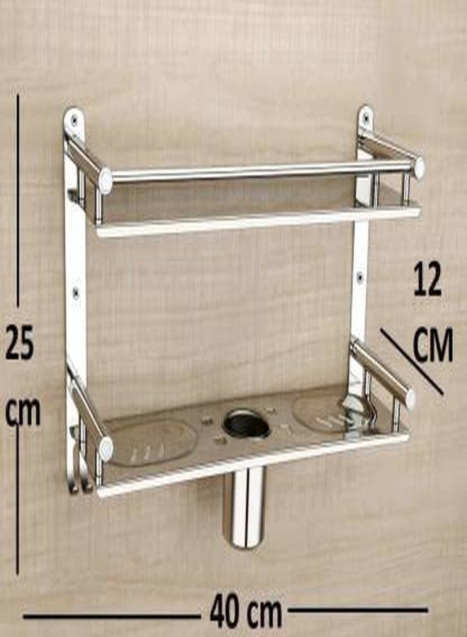 Filox رف تخزين للحمام من الفولاذ المقاوم للصدأ من فيلوكس | حامل جداري من طبقتين | منظم رفوف مع حامل فرشاة أسنان | إكسسوارات حمام متعددة الأغراض، - Image 3